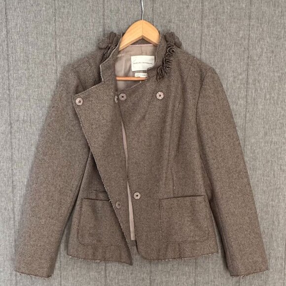 Banana Republic Taupe Ivory Wool Blend Herringbone Tweed 3D Floral Blazer 12 P - Picture 3 of 16